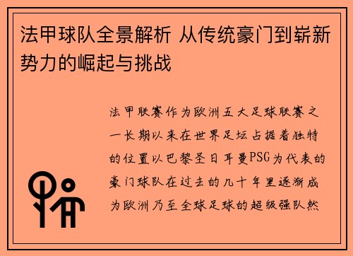 法甲球队全景解析 从传统豪门到崭新势力的崛起与挑战
